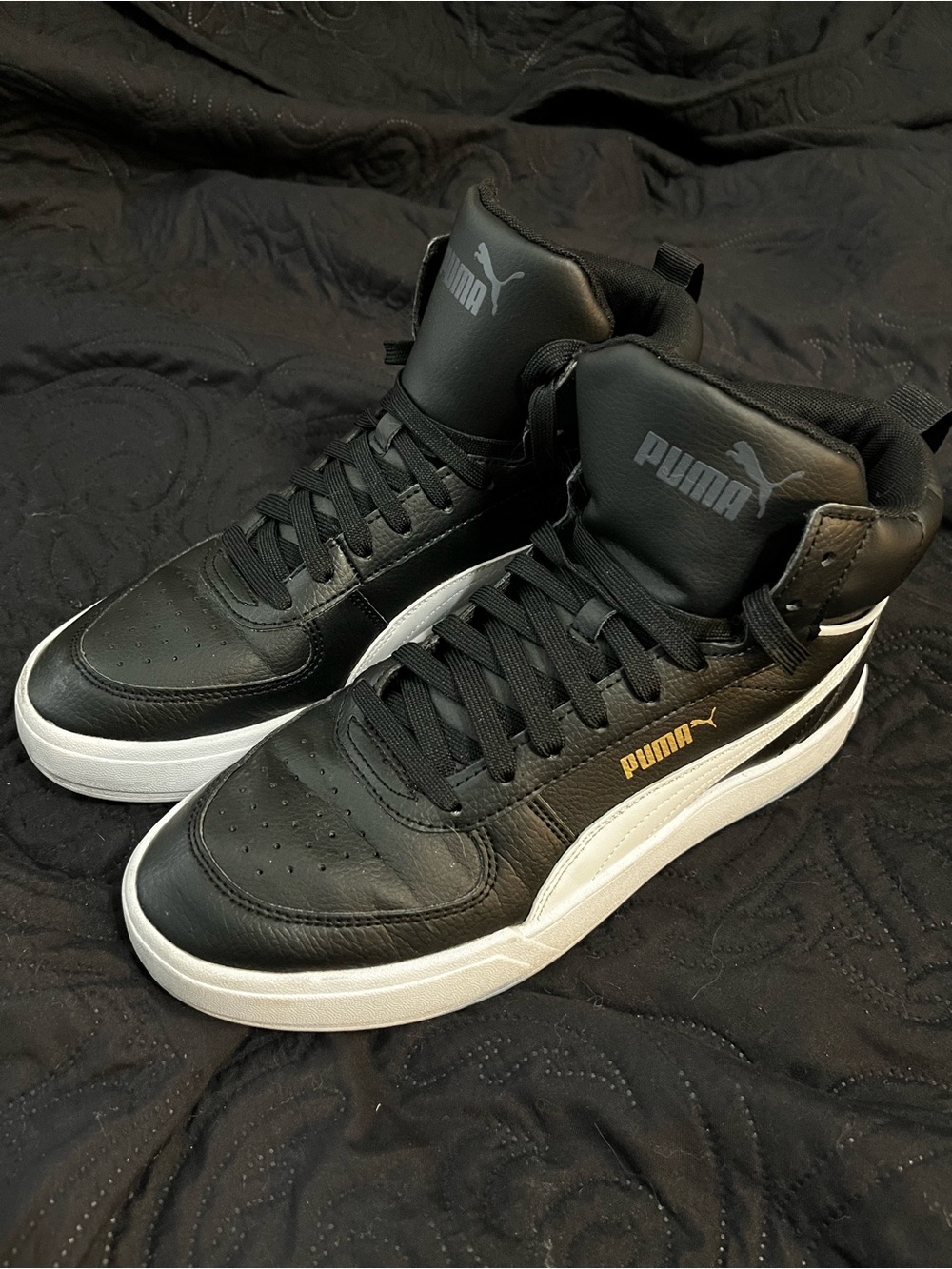 Puma Women’s Black Leather High-Top Sneakers with White Stripe